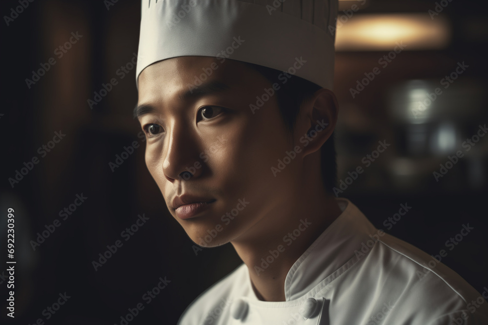 Korean chef in a white jacket in the kitchen of an exclusive restaurant. Asian food Korean chef in a white jacket in the kitchen of an exclusive restaurant. Asian food
