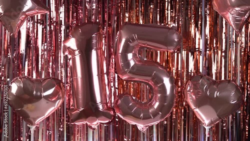 Quinceañera Rose Gold Curtains and Balloons Background 