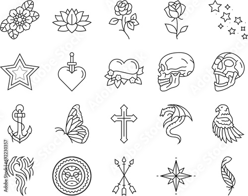 tattoo art rose vintage style icons set vector. flower retro, drawing ink, old traditional, american anchor, skull woman tattoo art rose vintage style black contour illustrations