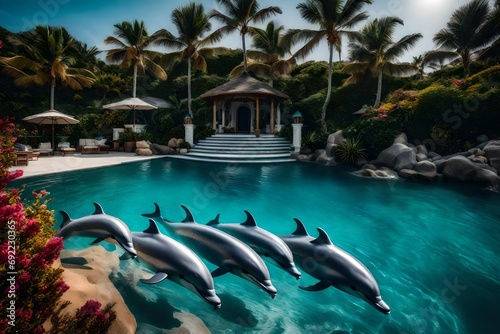 Craft a visual symphony of coastal elegance, showcasing an entryway adorned with sculpted dolphins, embodying the playful spirit of the sea © ANAS