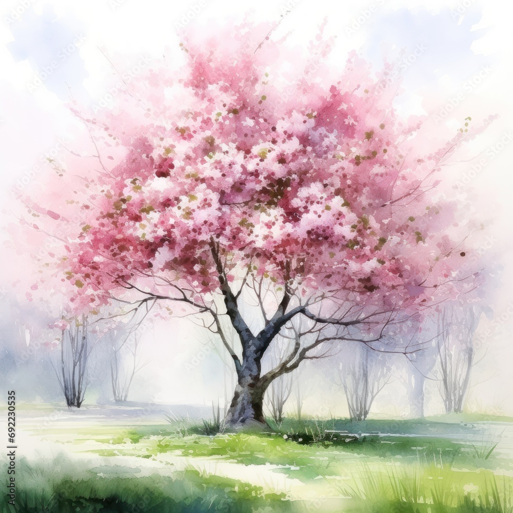 Mystical Spring Sakura Bloom. Cherry tree with pink blossoms stands amidst fog, creating tranquil scene. Watercolor painting. For use in meditation and relaxation content or nature themed designs.