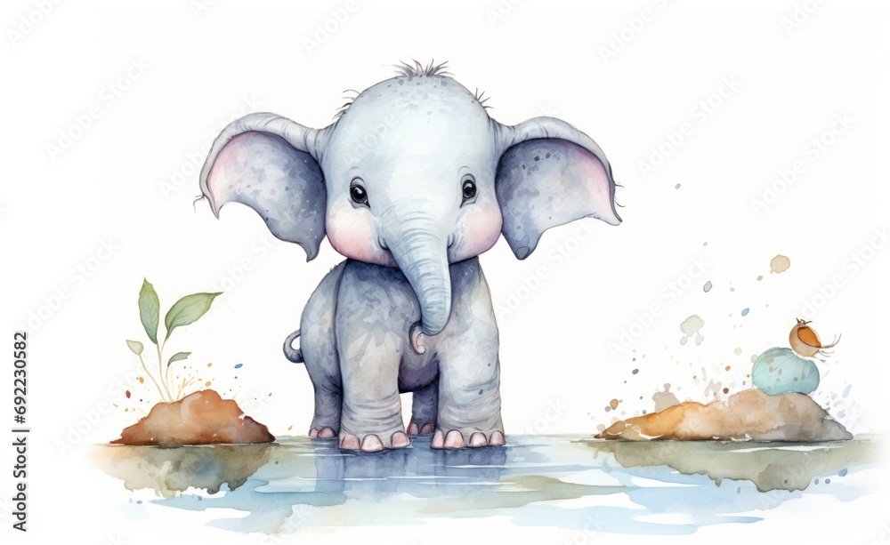 Watercolor Illustration of Cute Elephant. Cartoon african animal. Isolated on white background. Ideal for childrens books, educational materials, decor, decorative prints, greeting cards, scrapbooking