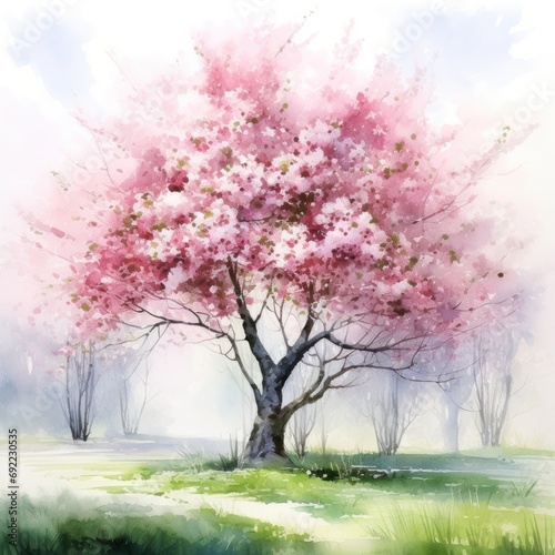 Mystical Spring Sakura Bloom. Cherry tree with pink blossoms stands amidst fog  creating tranquil scene. Watercolor painting. For use in meditation and relaxation content or nature themed designs.