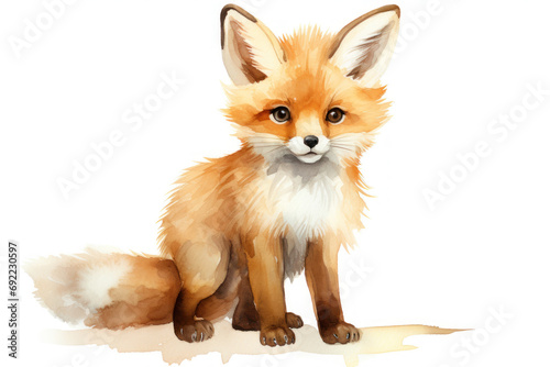 Watercolor Illustration of a Cute Fox. Charming forest animal. Isolated on white background. Ideal for kids books, educational materials, decor, decorative prints, greeting cards, scrapbooking