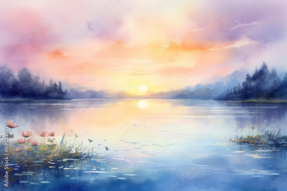 Fototapeta premium Watercolor peaceful landscape with calm lake, surrounded by trees with mountains under soft sunset sky. Ideal for relaxation themes, wellness and meditation spaces, home or office decor.