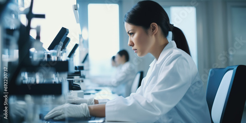 Serious concentrated female microbiologist doing research in laboratory