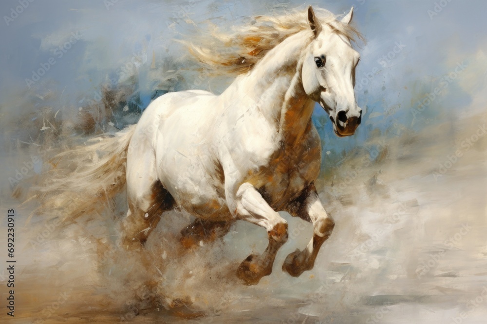 Majestic White Horse Galloping in Field. Power and Grace of Wild Horse in Motion. Illustration in style of oil painting, rough brush strokes. Concept of freedom and beauty of wild animal Majestic White Horse Galloping in Field. Power and Grace of Wild Horse in Motion. Illustration in style of oil painting, rough brush strokes. Concept of freedom and beauty of wild animal