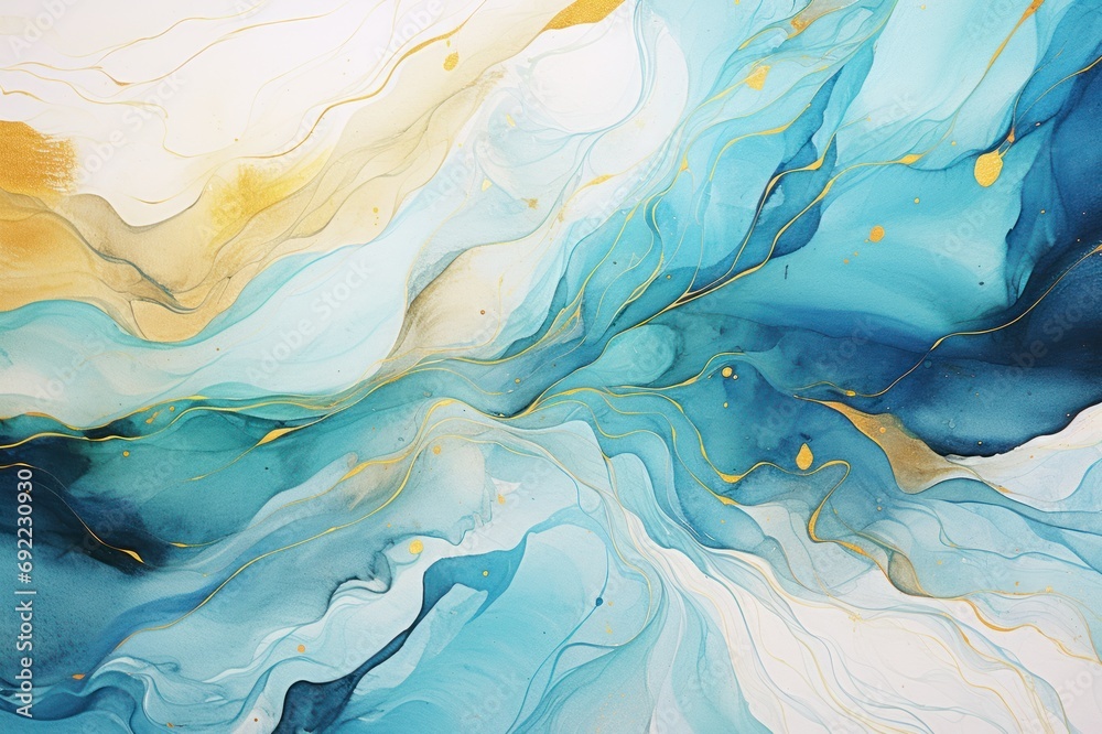 Watercolor abstract pastel blue background with gold, light emerald, aquamarine, fluid lines, waves and curves. Watercolor gentle texture. Backdrop with copy space. Background, banner, invitation.