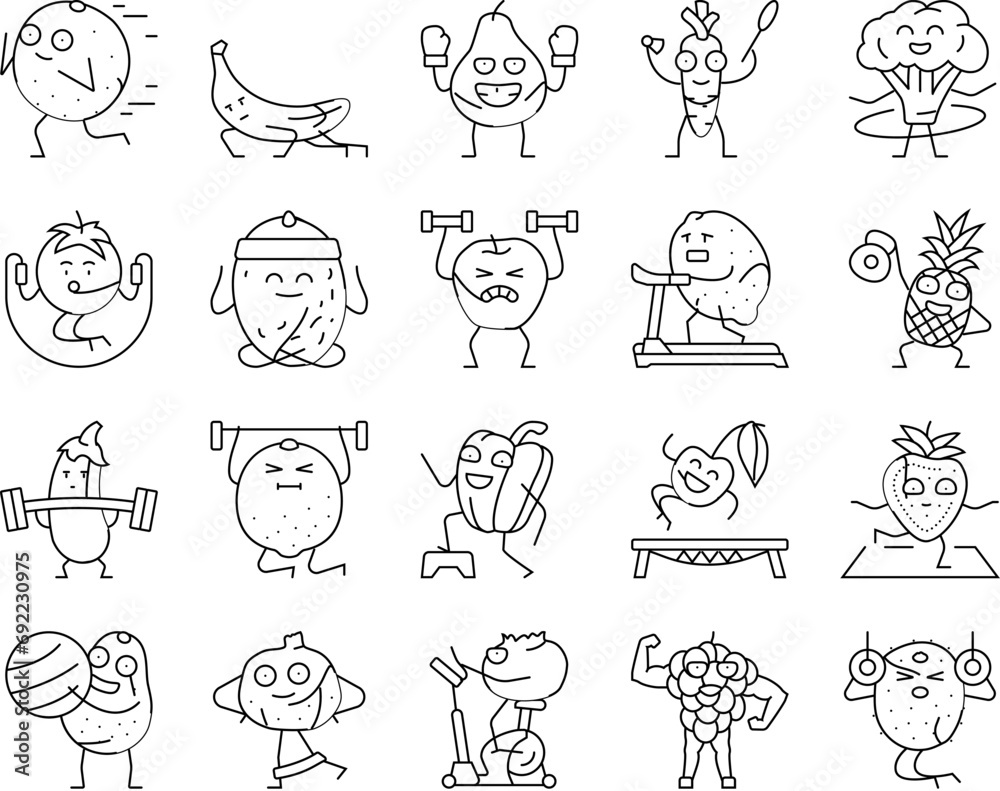 fitness character sport workout icons set vector. healthy, health exercise, gym training, fit body, activity weight, lifestyle fruit, food fitness character sport workout black contour illustrations
