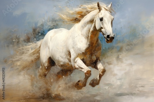 Majestic White Horse Galloping in Field. Power and Grace of Wild Horse in Motion. Illustration in style of oil painting, rough brush strokes. Concept of freedom and beauty of wild animal