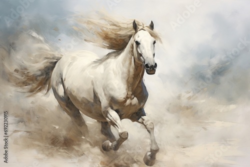Majestic White Horse Galloping in Field. Power and Grace of Wild Horse in Motion. Illustration in style of oil painting, rough brush strokes. Concept of freedom and beauty of wild animal