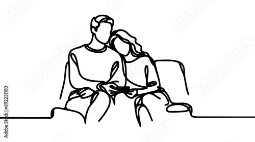 Continuous one line drawing couple watching TV together sitting on sofa.