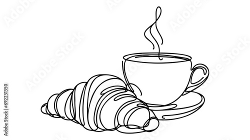 Croissant and coffee drawn in one line style.