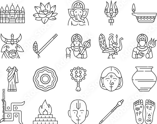 hinduism india hindu god religion icons set vector. indian lord statue, om ganesha, vishnu ganesh, krishna idol, religious hinduism india hindu god religion black contour illustrations