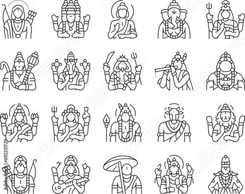 god indian hindu lord krishna icons set vector. india vishnu, hinduism janmashtami, art shiva, festival mythology, flute deity god indian hindu lord krishna black contour illustrations