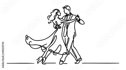 Single one line drawing happy cute married man and woman dancing on the floor at party