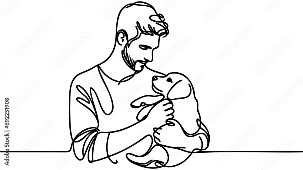 Man holds a dog in his hands or walks with him - one line art vector. concept dog owner, dog grooming