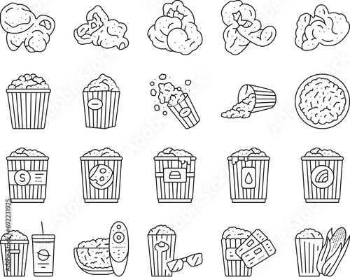 popcorn corn pop cinema icons set vector. white movie, snack bucket, food sweet, box falling, pile bag, yellow popcorn corn pop cinema black contour illustrations