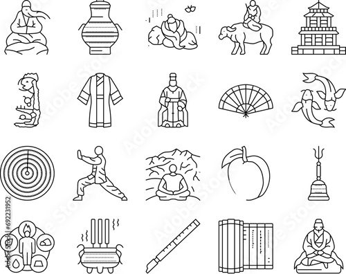 taoism yang yin ying chinese icons set vector. harmony philosophy, china religion, yinyang fish, ghost jang, book carp taoism yang yin ying chinese black contour illustrations