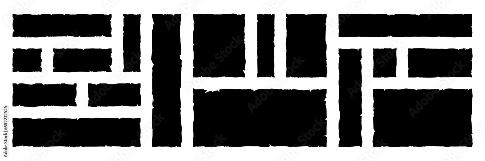 Set of grunge jagged rectangle shape. Black torn paper sheet for sticker, collage, banner. Vector illustration isolated on white background. - obrazy, fototapety, plakaty 