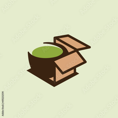 a cup of matcha green tea in an open box logo