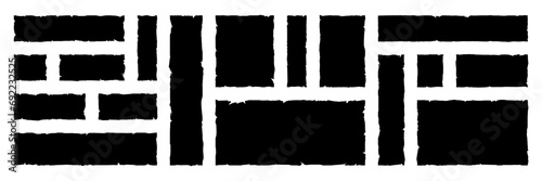 Set of grunge jagged rectangle shape. Black torn paper sheet for sticker, collage, banner. Vector illustration isolated on white background. photo