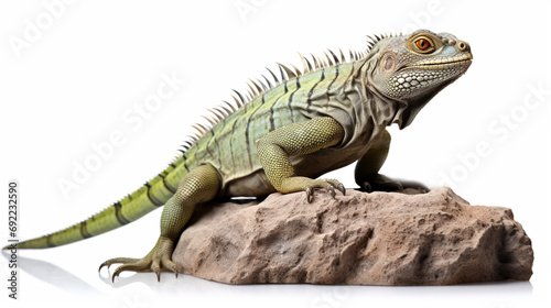 Green lizard on a stone isolated on a white background. Generative Ai photo