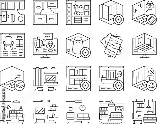 interior designer office icons set vector. architect project, designer architecture, house plan, drawing creative, meeting interior designer office black contour illustrations