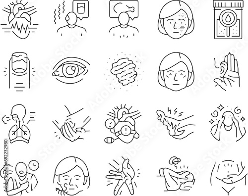 disease symptom health icons set vector. cough fever, virus flu, medical, coronavirus pneumonia, epidemic, medicine sick disease symptom health black contour illustrations