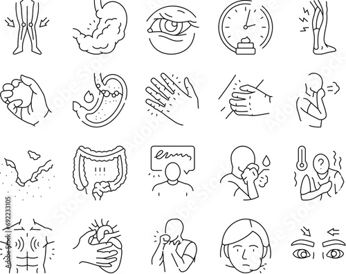 disease symptom health icons set vector. symptom hospital, man vaccine, safety caution, headache fatigue, ill, doctor disease symptom health black contour illustrations