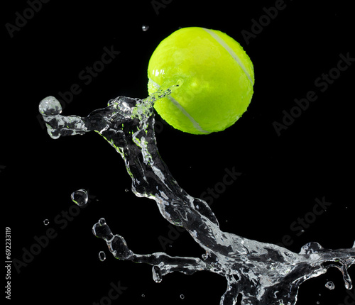 Tennis ball hit water and splash in air. Green Tennis ball fly in rain and splatter spin splash in droplet water. Black background isolated freeze action