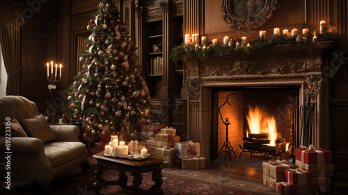 Presents under a Christmas tree with fireplace in the background