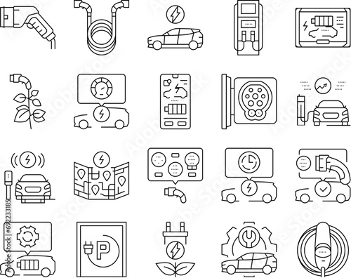 electric vehicle charging station icons set vector. energy power, car battery, hybrid, green technology, auto recharge, cable automobile electric vehicle charging station black contour illustrations