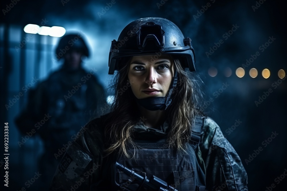 Portrait of a woman in military uniform with machine gun on dark background Portrait of a woman in military uniform with machine gun on dark background