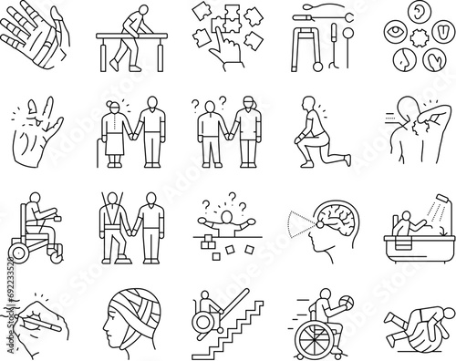 occupational therapist health icons set vector. therapy physical care, physiotherapist assistance, professional doctor occupational therapist health black contour illustrations