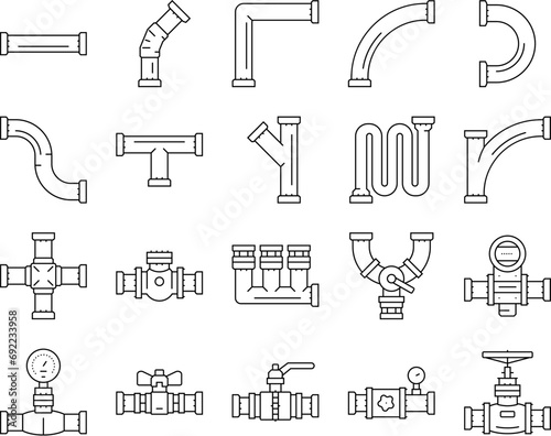 pipeline oil industry gas pipe icons set vector. technology industrial, construction energy, equipment engineering, tube, fuel pipeline oil industry gas pipe black contour illustrations