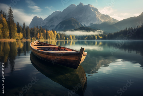 Wooden boat on the crystal lake with majestic mountain behind. Reflection in the water.