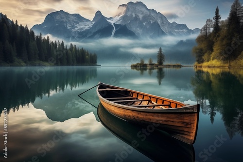 Wooden boat on the crystal lake with majestic mountain behind. Reflection in the water. photo