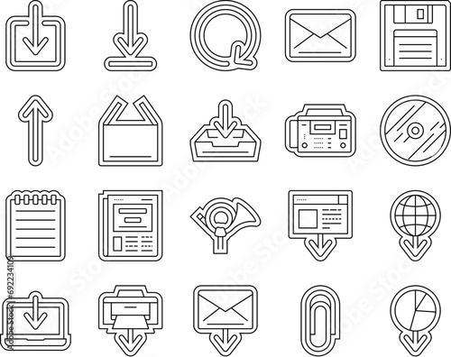 download file computer data icons set vector. web download, button document, upload load, internet sign, website, app, arrow download file computer data black contour illustrations