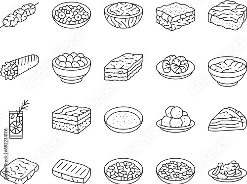 greek cuisine food lunch icons set vector. salad dinner, meal mediterranean, plate greece, healthy fresh, dish, appetizer feta greek cuisine food lunch black contour illustrations
