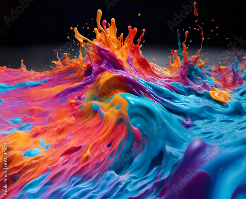 Abstract background with splashes and flow of paint of different colors. 