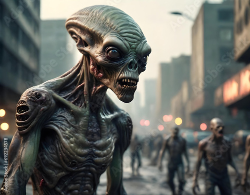 zombie alien creature in a post apocalyptic city - generative AI