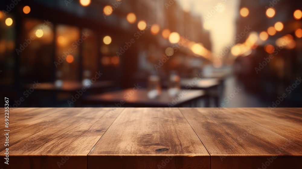 Wooden Table Top with Blurred Cafe Lights