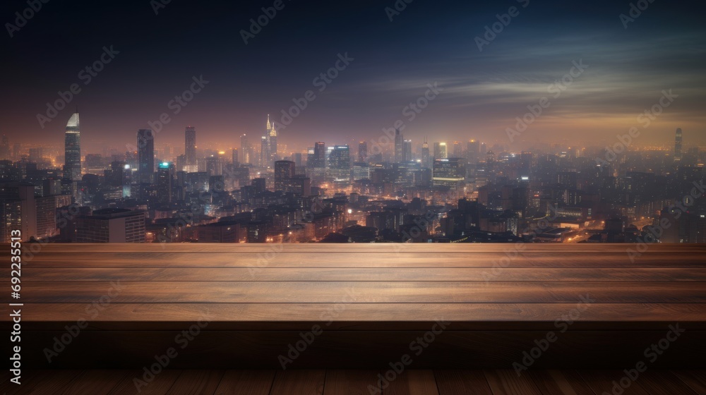 Cityscape View from Wooden Table at Night