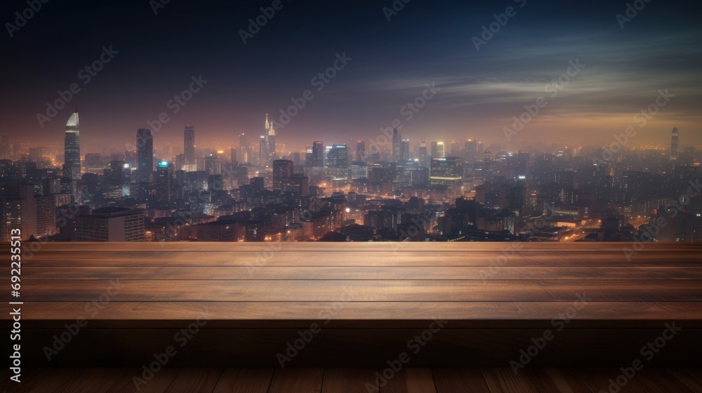 Fototapeta premium Cityscape View from Wooden Table at Night