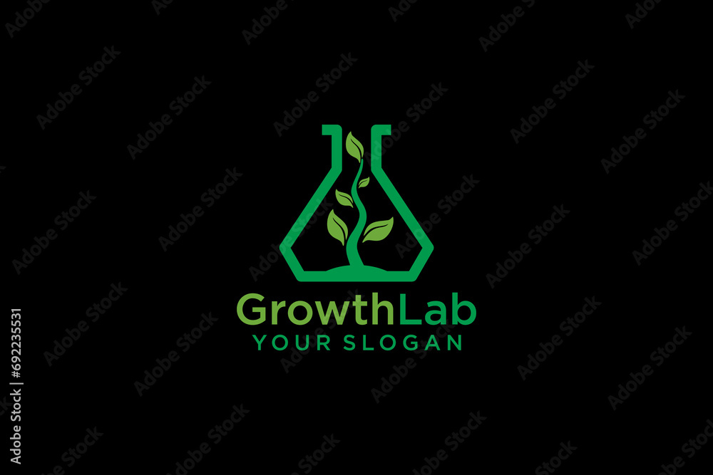 Growth lab logo design, beaker glass with growing plants logo design