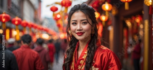 Portrait of woman wearing a red and gold traditional dress, participating in Chinese New Year festivities. Red lanterns and festive decorations fill the air, creating a vibrant and joyful atmosphere.