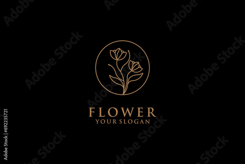 Abstract hand drawn decorative vintage horizontal flower logo with stars. icon, vector illustration in trendy line linear art style. Branding. Floral Boutique, Fashion, Feminine