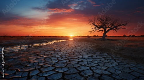 Dramatic Sunset over Dry Cracked Earth with Lone Tree