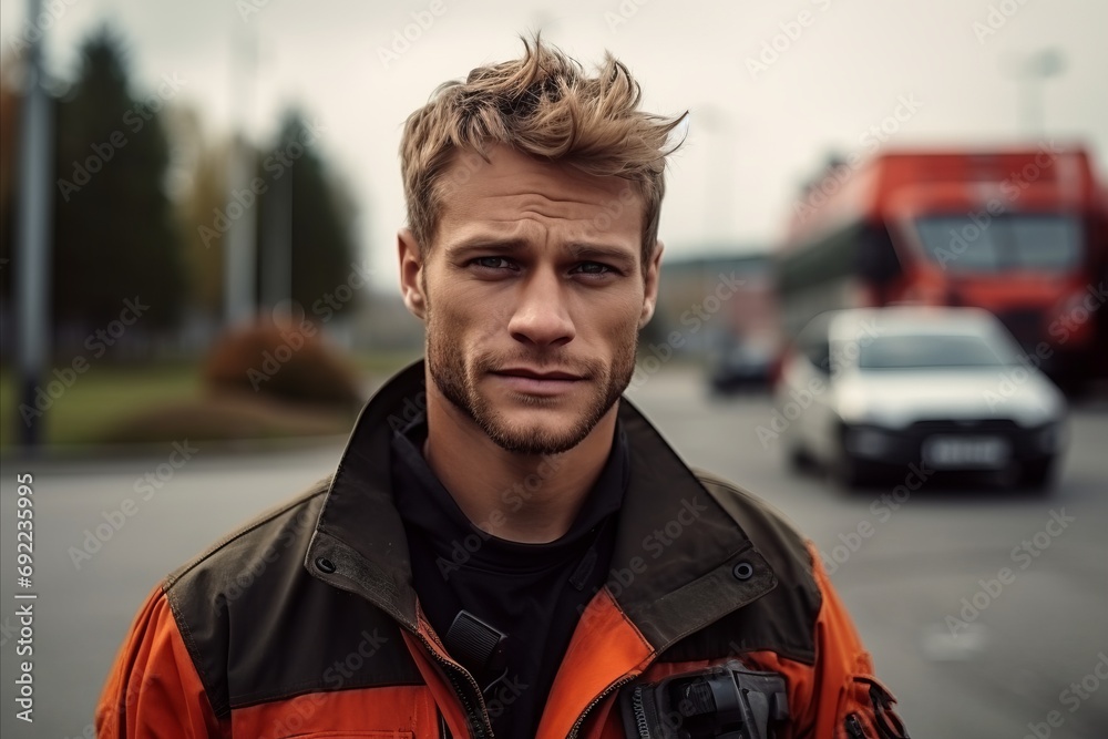 Portrait of a handsome young man with blond hair in an orange jacket Portrait of a handsome young man with blond hair in an orange jacket